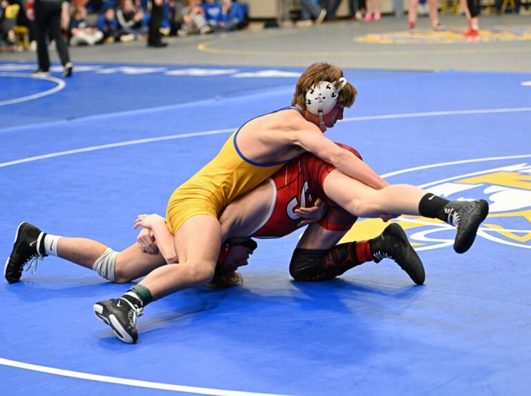 Aberdeen Central's Mason Schremp maintains top position against Sisseton's Holden Hawkins during their 157-pound match Feb. 1 at the Lee Wolf Invitational. Schremp captured the 157-pound title at the Region 3A tournament in Eagle Butte to qualify for the state tournament in Rapid City. He's seeded first with a 40-5 record. Aberdeen Insider photo by Robb Garofalo.