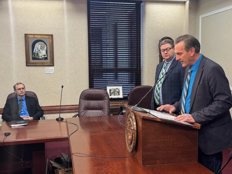 Flanked by Lt. Gov. Tony Venhuizen, Gov. Larry Rhoden announces his new plan for the state’s prison project moving forward. Dakota Scout photo by Austin Goss.