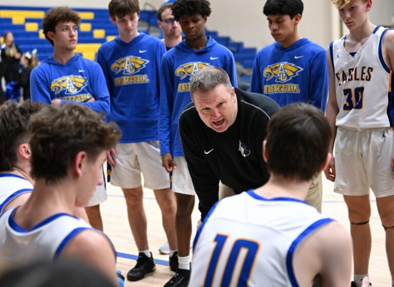 Aberdeen Central head coach Brent Norberg address his team in a timeout during a loss to sioux Falls Jefferson Friday, Feb. 28 inside Golden Eagles Arena. Norberg resigned as head coach following the game. Aberdeen Insider photo by Robb Garofalo.