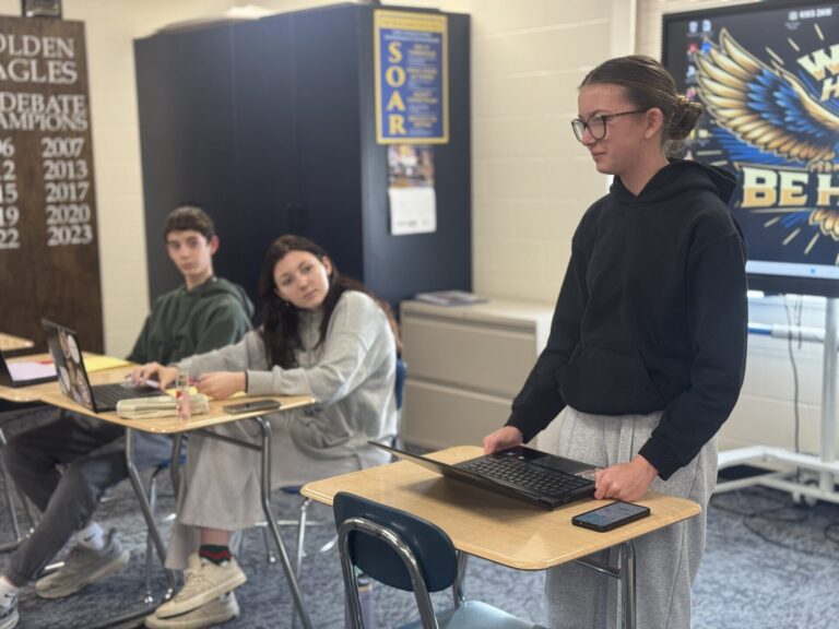 Paisley LaFave and other members of Central Debate and Speech team practice in the days before the state tournament. Aberdeen Insider photo by Shannon Marvel.