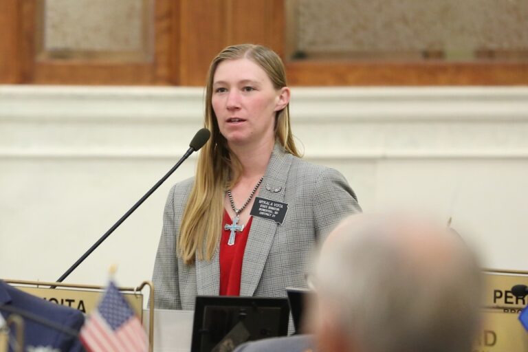 Sen. Mykala Voita, R-Bonesteel, speaks on the South Dakota Senate floor on March 4, 2025. South Dakota Searchlight photo by Makenzie Huber.