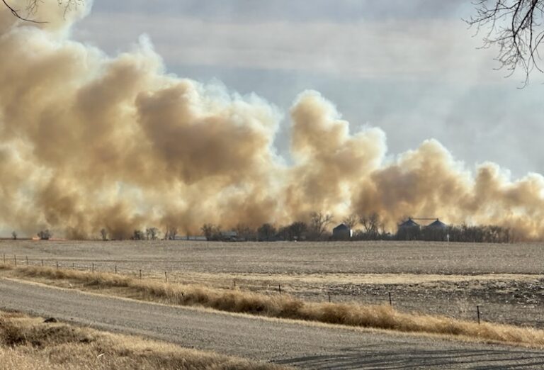 A fire near Warner burned 500 hay bales on Monday, March 10. Dry, windy conditions have made for ideal fire weather. Photo courtesy of Mike Scott.