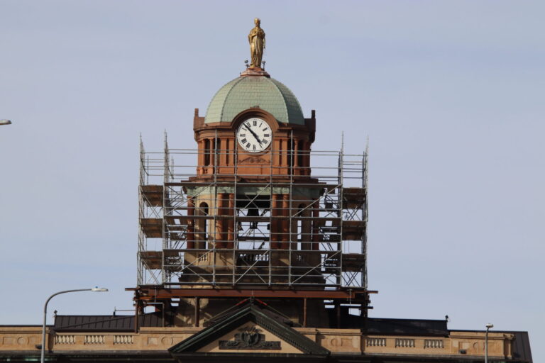 Scaffolding has been erected around the Brown County Courthouse dome so more work can be done to the clock, statue and other areas. Aberdeen Insider photo by Shannon Marvel.