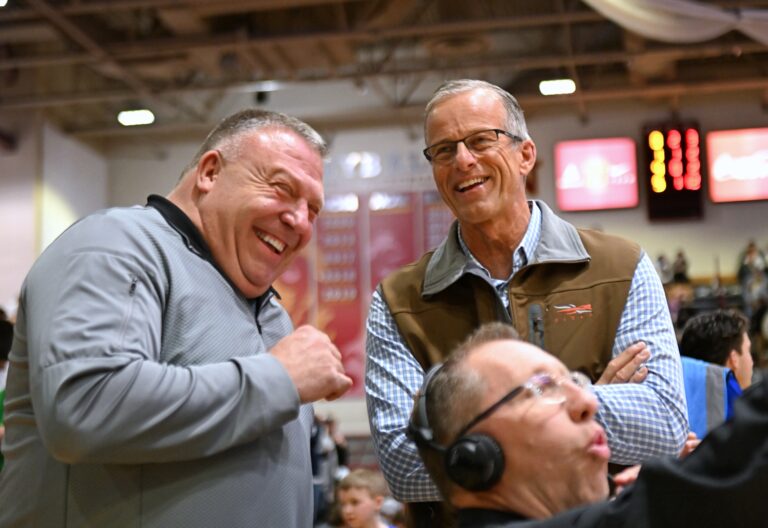 Sen. John Thune, R-S.D., has a laugh with South Dakota High School Activities Association Officials Coordinator Justin Ingalls during halftime of the State B boys championship game between Castlewood and Viborg-Hurley Saturday, March 22 inside Wachs Arena. Aberdeen Insider photo by Robb Garofalo.