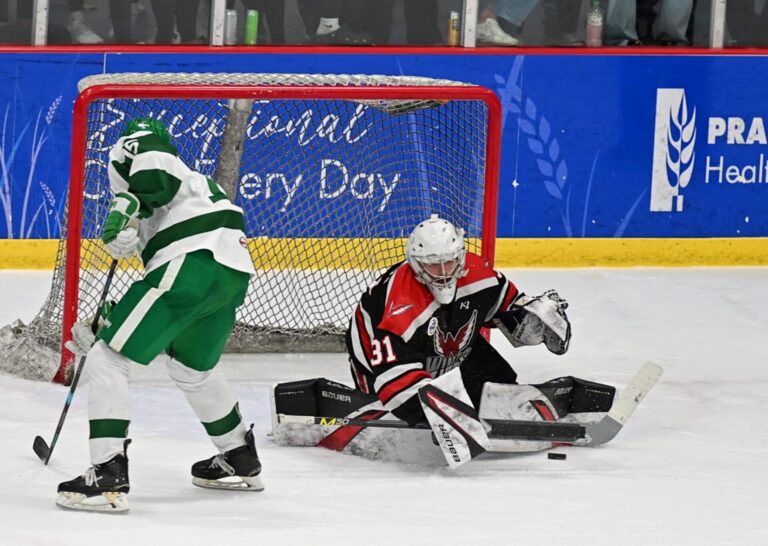 Aberdeen Wings goalie Willum Braun stops Watertown's Henry Lechner to seal a shootout win over the Shamrocks, Saturday, March 29 at Prairie Lakes Ice Arena in Watertown. Aberdeen Insider photo by Robb Garofalo.