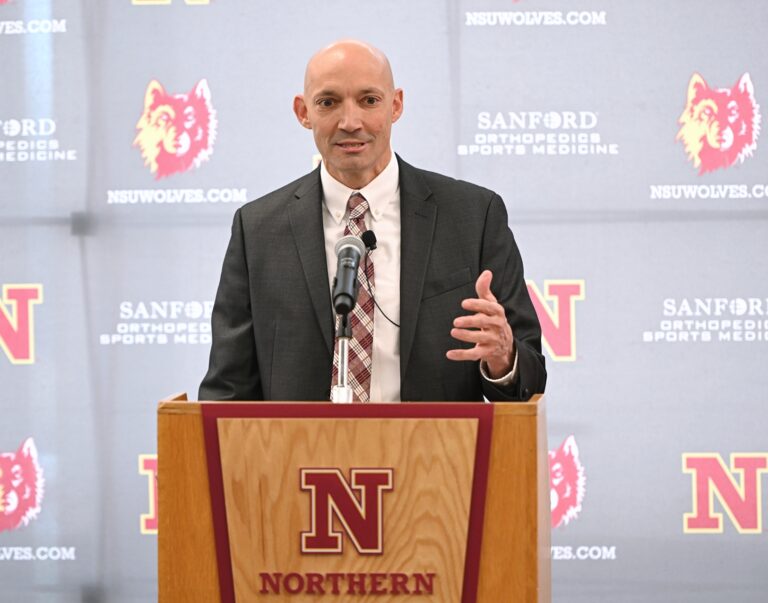 Matt Wilber addresses the media and fans during his introductory press conference as the new head coach of the Northern State men's basketball program on Monday, March 31 in the Kessler's Champions Club Room on campus. Aberdeen Insider photo by Robb Garofalo.