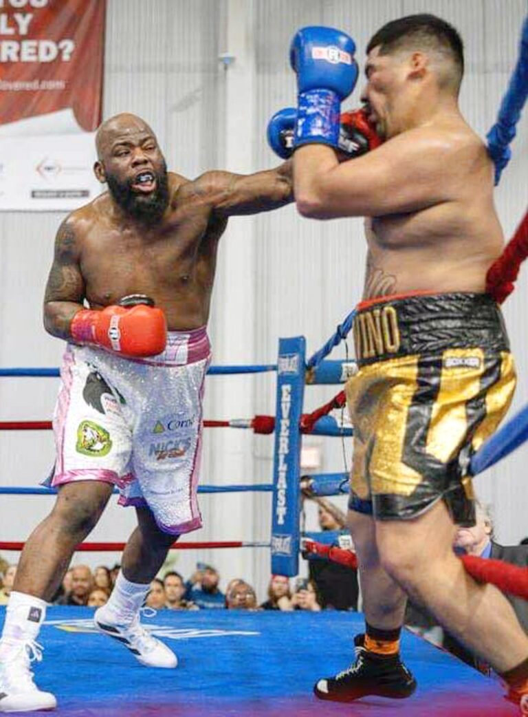 Corey McIntosh of Aberdeen, left, lands a left during his bout against Chase Trevino on Saturday, March 16, 2024, in Des Moines, Iowa. McIntosh is set to fight in the Battle at the Bridge boxing card Friday, April 4 in London. Courtesy photo.