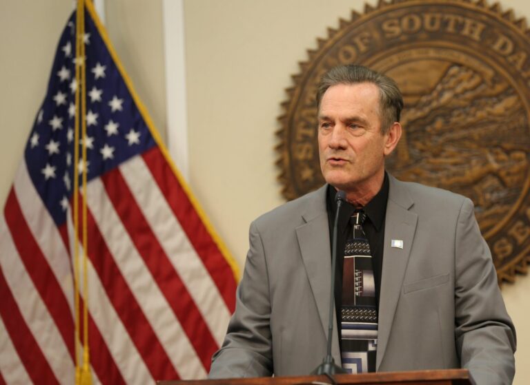 South Dakota Gov. Larry Rhoden speaks to reporters during a news conference on March 31, 2025, at the state Capitol in Pierre. South Dakota Searchlight photo by Joshua Haiar.