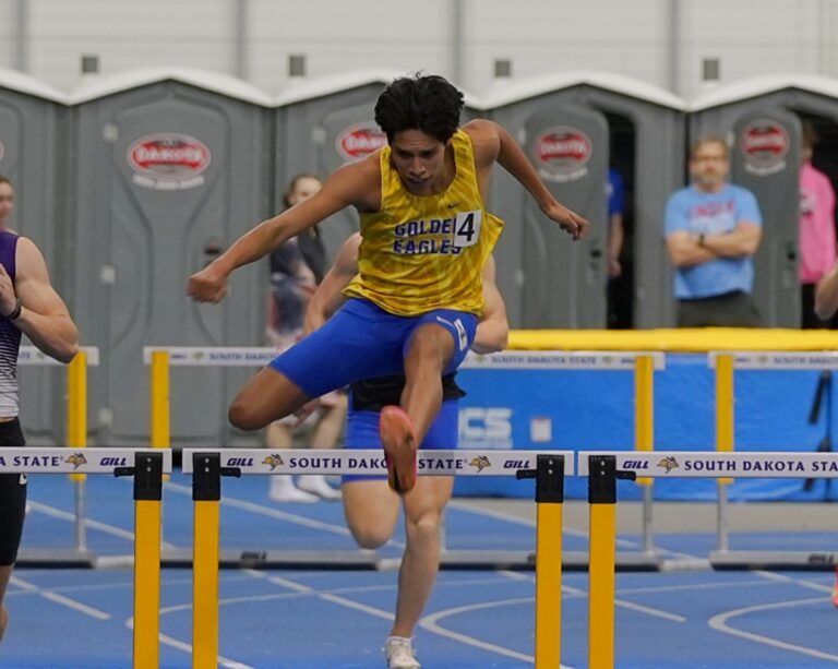 Aberdeen Central's Kayson Fayant finished second in the 300-meter hurdles Saturday, March 29 at the Ruth Marske Invitational at South Dakota State University in Brookings. Photo courtesy Kevin Foss.