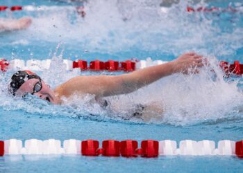 Aberdeen's Gena Jorgenson races in a University of Nebraska swim meet during the 2024-25 season. Jorgenson was recently named to the USA Swimming National Team. Photo courtesy of the Nebraska Athletic Communication Office.