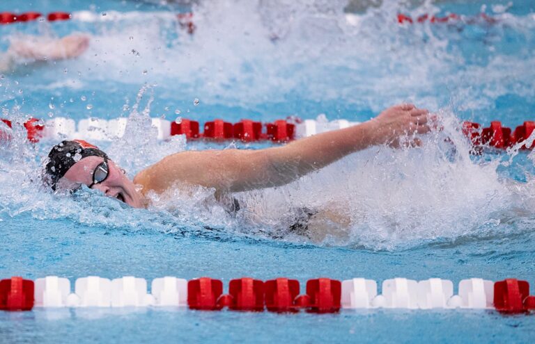 Aberdeen's Gena Jorgenson races in a University of Nebraska swim meet during the 2024-25 season. Jorgenson was recently named to the USA Swimming National Team. Photo courtesy of the Nebraska Athletic Communication Office.