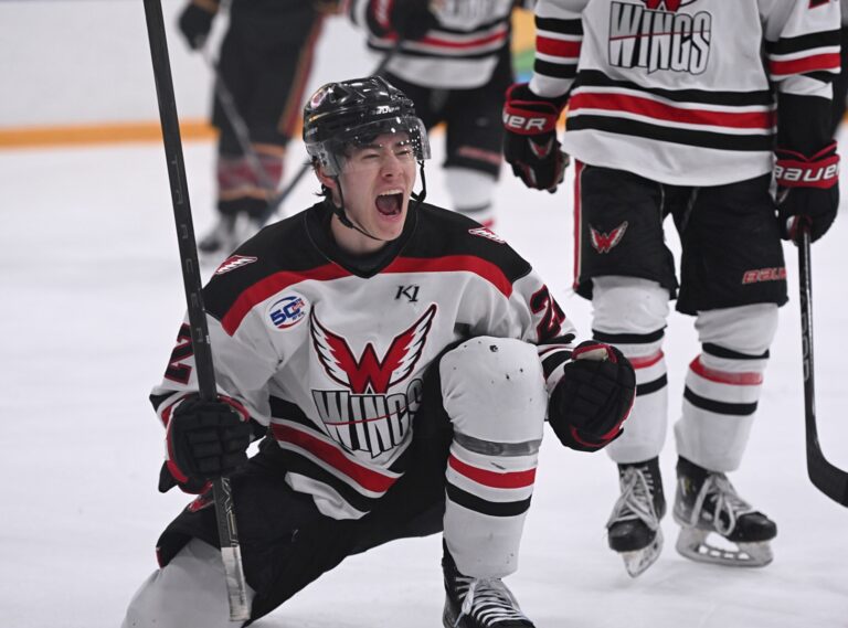 Aberdeen Wings forward Jibber Kuhl celebrates after scoring the game-winning goal during a 2-1 victory against the Minot Minotauros Friday, April 4 inside the Odde Ice Center. Kuhl totaled five points in a weekend sweep, scoring three goals and tallying two assists. Aberdeen Insider photo by Robb Garofalo.