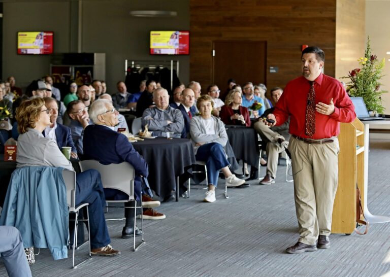 James Koltes, an associate professor at Iowa State University, discussed artificial intelligence in agriculture at this year's Lamont Rhodes Lecture earlier this month on the campus of Northern State University. Northern State photo by Elizabeth Varin.