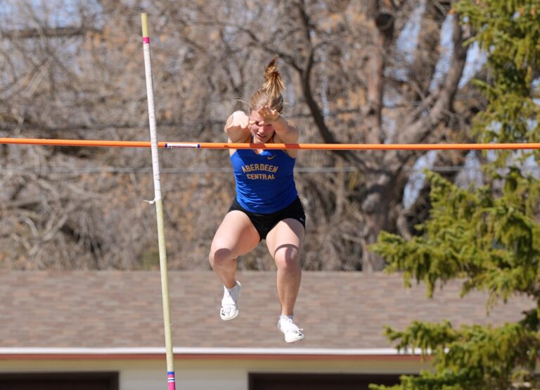 Aberdeen Central's Breckan Santjer clears the bar in the girls pole vault Friday, April 11 at the Huron Invitational. Santjer took first while teammate Jaidyn Forsyth finished second. Courtesy photo.