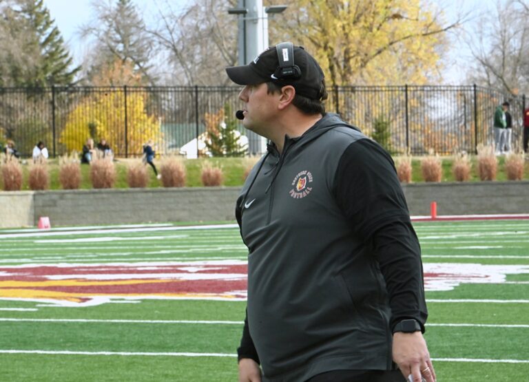 Northern State head football coach Mike Schmidt looks on from the sidelines during last year's game against Minnesota State Mankato at Dacotah Bank Stadium. The Wolves intrasquad spring scrimmage is at 10 a.m. Saturday, April 26 at Dacotah Bank Stadium. Aberdeen Insider file photo by Robb Garofalo.