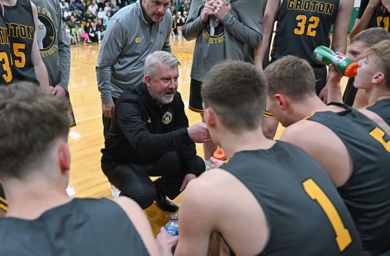 Groton Area head boys basketball coach Brian Dolan addresses his team during a time out Tuesday, Feb. 4 against Aberdeen Roncalli. Dolan announced his resignation on Thursday, April 24. Aberdeen Insider file photo by Robb Garofalo.