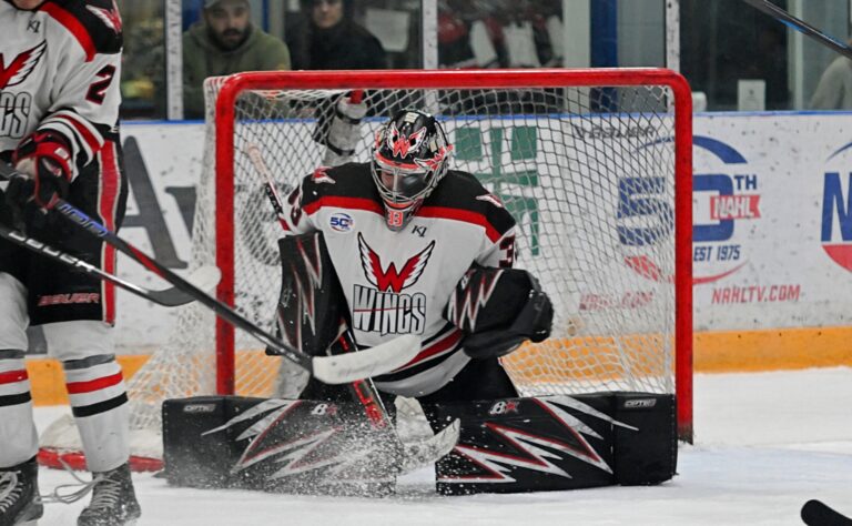 Aberdeen Wings goalie Damon Cunningham makes a save with his mask during the first period of Game 4 of their NAHL Central Division semifinals. Cunningham made 46 saves in a 4-3 loss in double overtime. Aberdeen Insider photo by Robb Garofalo.
