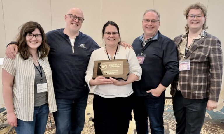 The Aberdeen Insider placed first in Class III General Excellence during the South Dakota NewsMedia Association Better Newspapers Contest. The award was presented during the 2025 South Dakota NewsMedia Association Convention last weekend at the Dakota Event Center. Pictured from left are Annie Scott, Scott Waltman, Elisa Sand, Troy McQuillen and John Schwab. Courtesy photo.