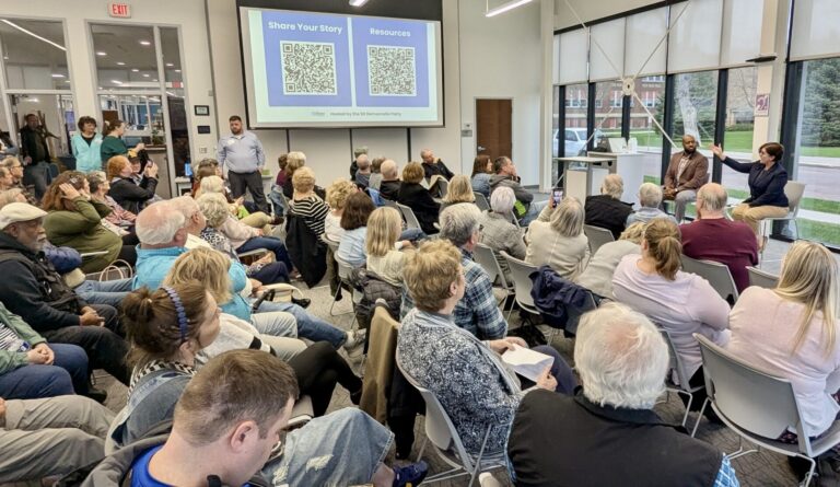 People unhappy with Republicans and President Donald Trump gathered at K.O. Lee Aberdeen Public Library on Monday, April 28 for a town hall session hosted by the Brown County Democrats. Aberdeen Insider photo by Scott Waltman.