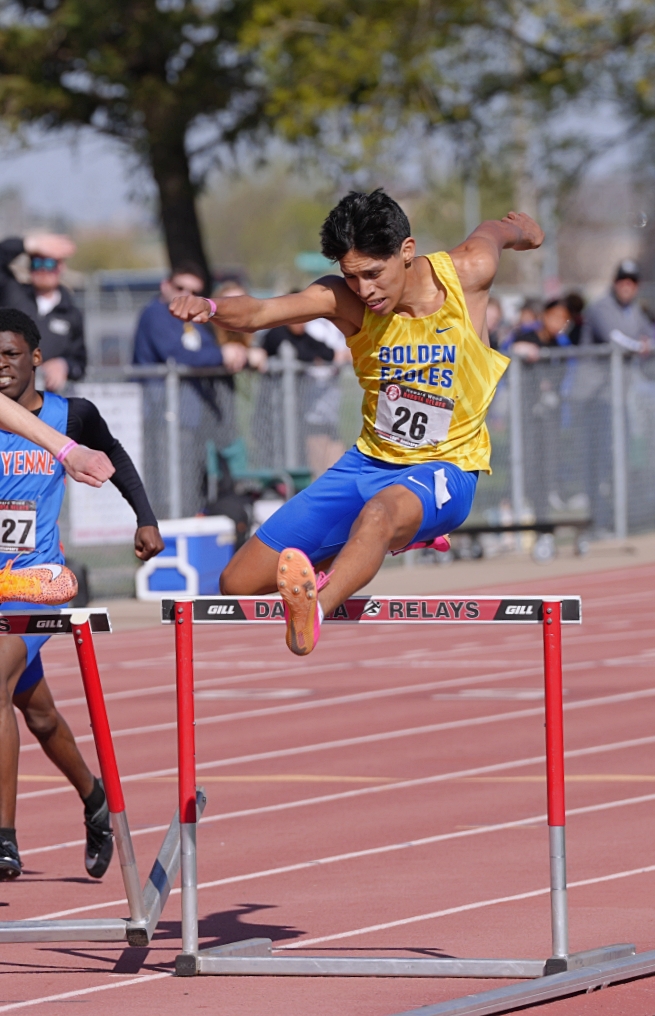 Aberdeen Central's Kyson Fayant races in the 300-meter hurdles Saturday, Mat 3 at the Howard Wood Relays in Sioux Falls. Fayant finished sixth. Photo by Kevin Foss for the Aberdeen Insider.
