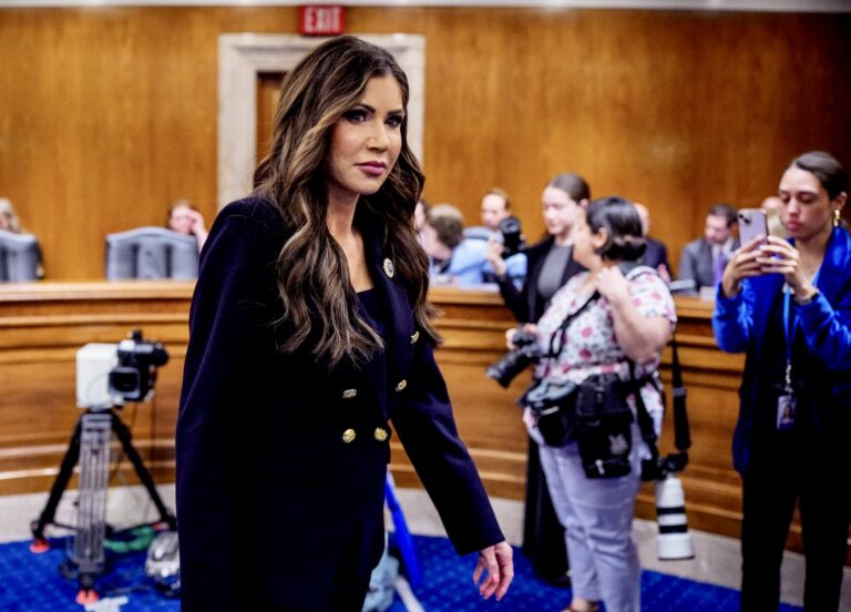 Homeland Security Secretary Kristi Noem arrives for a Senate Appropriations Committee hearing in the Dirksen Senate Office Building on Capitol Hill on Thursday, May 8 in Washington, D.C. Getty Images photo by Andrew Harnik.