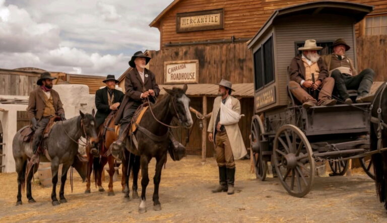 Zach Strain, left, Nick Schultz, Josh Hopkins, Stan Schultz and Jake Busey in the western movie "Rust," which plays in Redfield this weekend. The Schultzes are from Redfield. Courtesy photo.