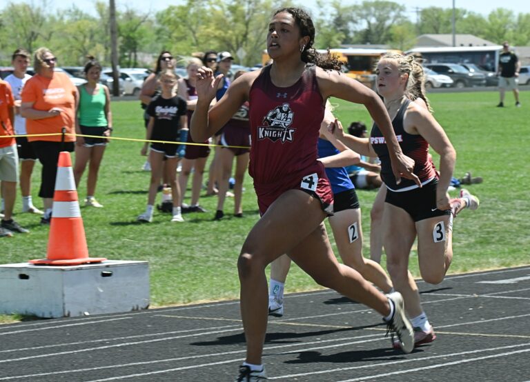 Aberdeen Christian's Shawnteah La Croix pulls ahead of the field to win the 100-meter dash at the Lake Region Conference championship Tuesday, May 13 in Ipswich. Aberdeen Insider photo by Robb Garofalo.