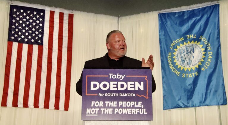 Aberdeen businessman Toby Doeden announced his candidacy for governor of South Dakota at the Wylie Park Pavilion on Wednesday, May 28. He is seeking the Republican nomination. Aberdeen Insider photo by Scott Waltman.