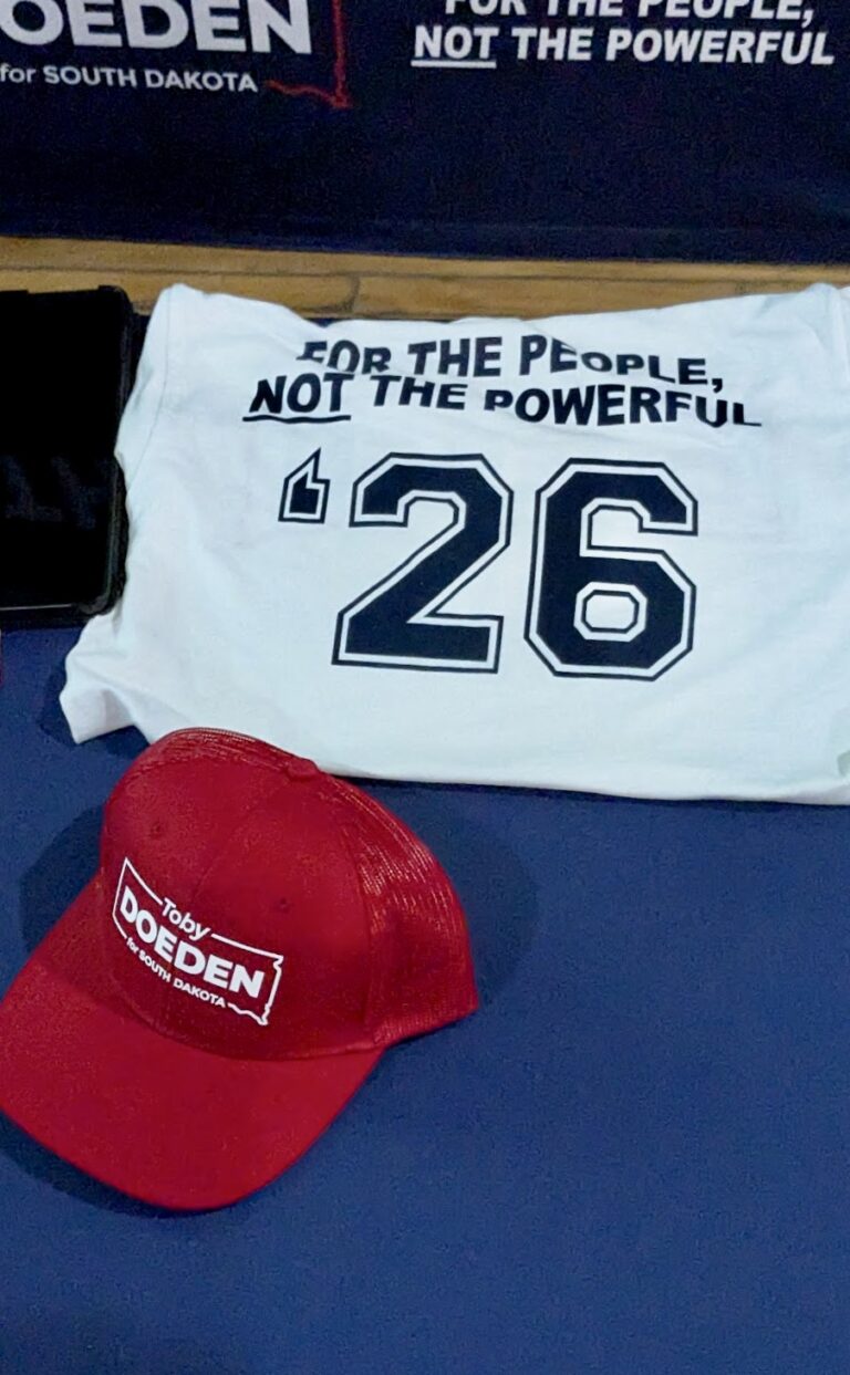 Toby Doeden, an Aberdeen businessman and Groton native, had shirts and caps available for supporters as he announced his candidacy for governor of South Dakota on Wednesday, April 28 at the Wylie Park Pavilion in Aberdeen. Aberdeen Insider photo by Scott Waltman.