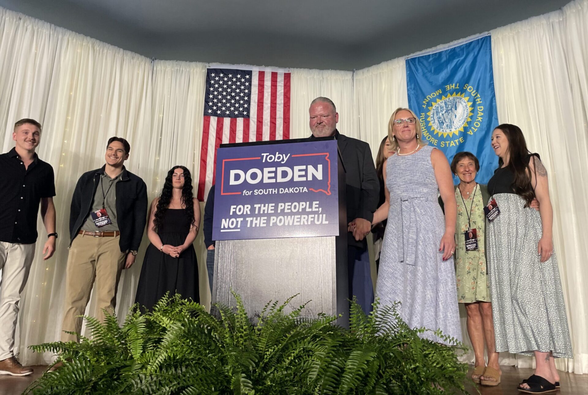 Members of Toby Doeden's family joined him on stage after he announced that he will seek the Republican nomination for governor of South Dakota at the Wylie Park Pavilion on Wednesday, May 28. Aberdeen Insider photo by Troy McQuillen.