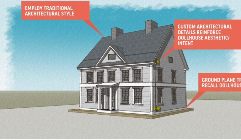 A dollhouse themed building could replace Mary's House at Storybook Land if a proposed donation and doll collection is secured. Building illustration by Confluence.