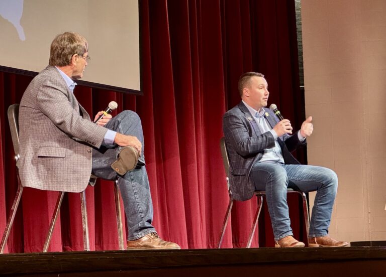 State Rep. Al Novstrup, R-Aberdeen, and state Rep. Erik Muckey, D-Sioux Falls, field questions during a political forum at South Dakota Boys State on Wednesday, June 4 at the Johnson Fine Arts Center.. Aberdeen Insider photo by Shannon Marvel.
