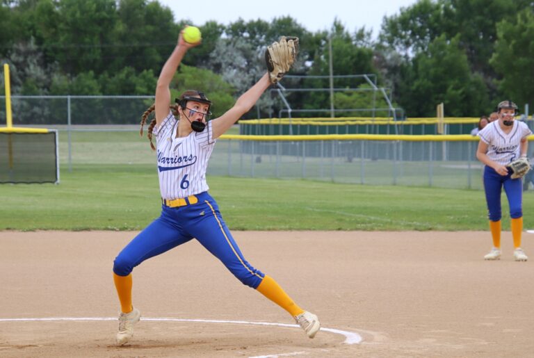 Castlewood's Claire Horn delivers a pitch against Gayville-Volin during their Class B state softball tournament game Thursday, June 5 at the Players Field Softball Complex in Aberdeen. Gayville-Volin claimed a 12-5 victory to advance to the semifinals. Aberdeen Insider photo by Robb Garofalo.