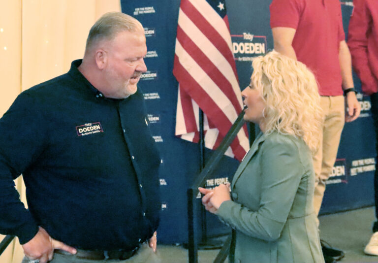 Aberdeen businessman Toby Doeden, left, visits with state Rep. Brandei Schaefbauer, R-Aberdeen, on Thursday, June 12 at Engels Event Co. The monthly Brown County Republicans Reagan Lunch served as Doeden's first stop on a tour of all 66 South Dakota counties as he seeks the Republican nomination for governor. Aberdeen Insider photo by Scott Waltman.