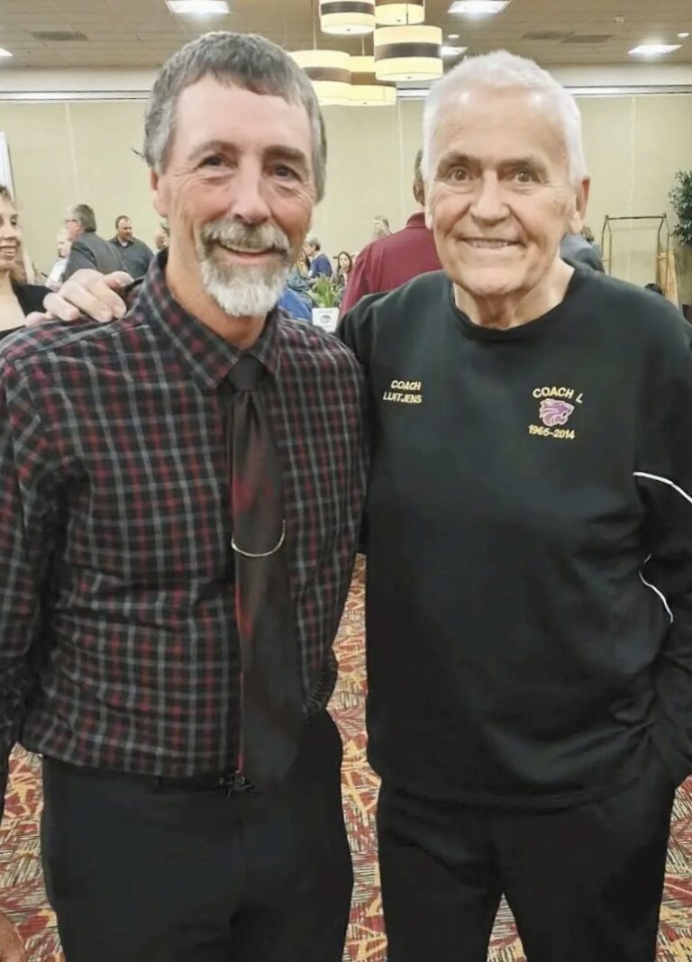 Claremont native Frank Cutler, left, was honored in March with the Larry Luitjens Coach of Influence Award. Cutler is a basketball coach in Platte. Luitjens is a Britton native. Courtesy photo.