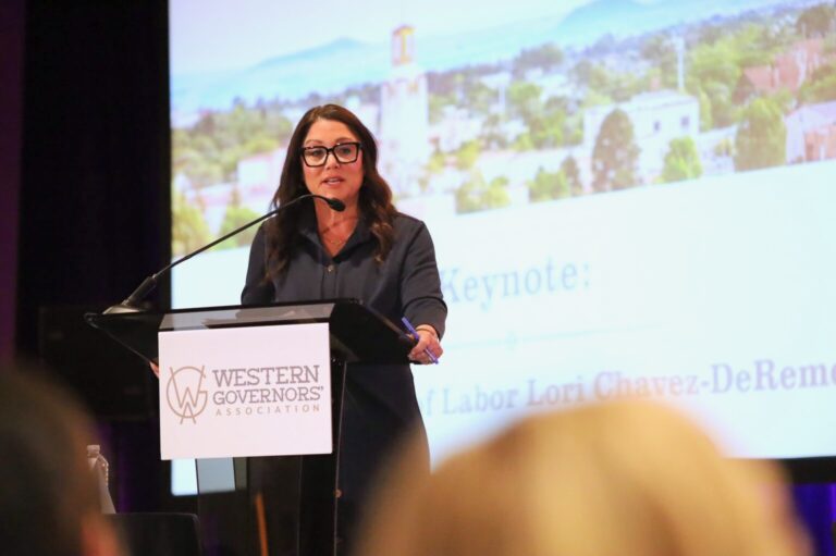 U.S. Labor Secretary Lori Chavez-DeRemer delivers a keynote address during the Western Governors’ Association annual meeting in Santa Fe on June 24, 2025. North Dakota Monitor photo by Austin Fisher.