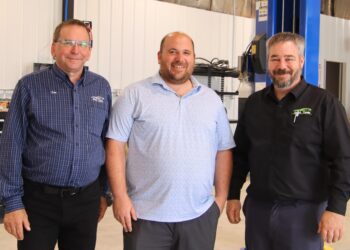 Owners of the Aberdeen Lincoln Repair shop attended a Monday, June 30 ribbon-cutting. They include, from left, Lee Friese, Josh Gendron and Kyle Hoeltzner. Aberdeen Insider photo by Elisa Sand.