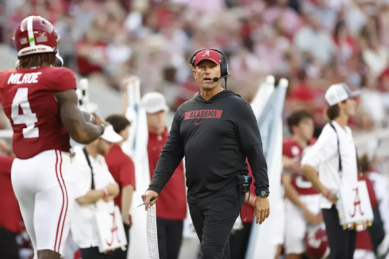 Alabama head football coach Kalen DeBoer on the sidelines during the game against University of South Florida at Bryant-Denny Stadium in Tuscaloosa, Ala., on Saturday, Sep 7, 2024. DeBoer was born in Milbank and played and coached at the University of Sioux Falls. Photo courtesy of Photo by Crimson Tide Photos/University of Alabama Athletics.