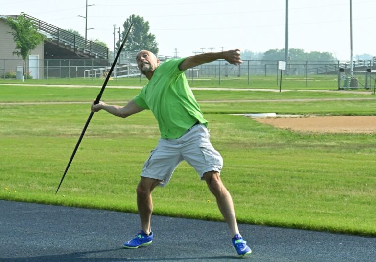 Tim Frandsen plants and throws the javelin during the 2025 Aberdeen Area Senior Games Saturday, July 12 at the Brownell Activities Complex. Aberdeen Insider photo by Robb Garofalo.