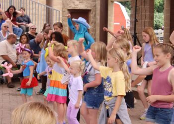 Kids leaned some line-dancing moves as the Dollipops preformed on Saturday, June 19 at the Storybook Land Festival at Wylie Park. Aberdeen Insider photo by Elisa Sand.