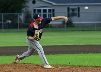 Joey Wollman delivers a pitch for Aberdeen Circus during its 16-13 win over Redfield Dairy Queen Tuesday, July 22 in Northville. Wollman picked up the victory on the mound. Aberdeen Insider photo by Robb Garofalo.