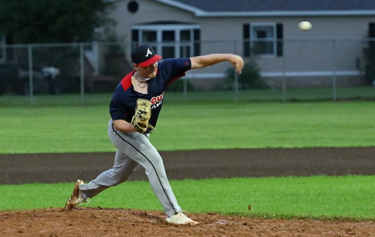 Joey Wollman delivers a pitch for Aberdeen Circus during its 16-13 win over Redfield Dairy Queen Tuesday, July 22 in Northville. Wollman picked up the victory on the mound. Aberdeen Insider photo by Robb Garofalo.