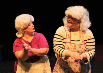 Nicole Christiansen left, and Aysia Eggena meet on stage as a couple of church ladies in the upcoming Aberdeen Community Theatre show. Photo courtesy of Aberdeen Community Theatre.
