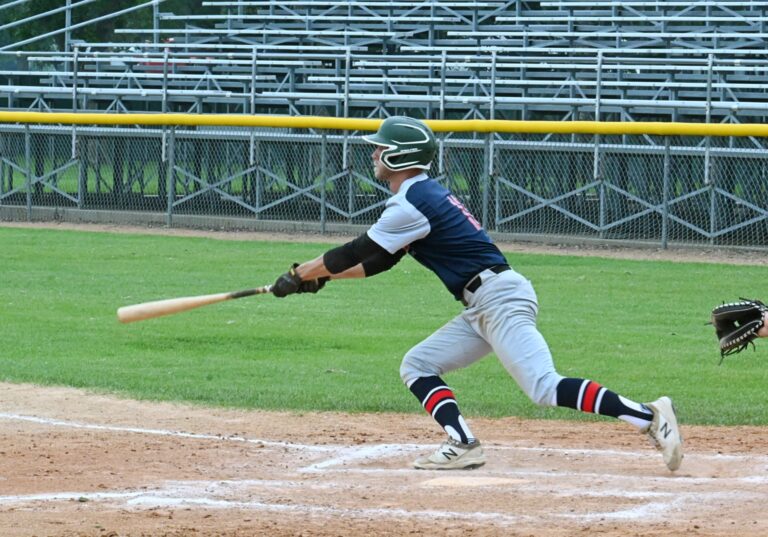 Aberdeen Circus outfielder WolfDon Thorson sends a single up the middle during a game against Valley City Saturday, Aug. 2 at Fossum Field. Aberdeen won 9-4. Fossum Field will host the opening weekend of the Class A South Dakota Amateur Baseball Tournament beginning Friday, Aug. 8. Aberdeen Insider photo by Robb Garofalo.