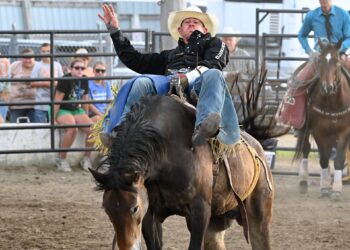Jamie Howlett of Rapid City by way of Australia rides Target to a first-place finish in the bareback riding event Monday, Aug. 11 at the Dacotah Bank Stampede Rodeo during the Brown County Fair. Aberdeen Insider photo by Robb Garofalo.