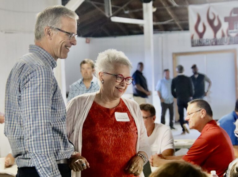 U.S. Sen. John Thune, R-S.D., visits with Lois Bieber before an agriculture roundtable discussion at the Brown County Fair on Friday, Aug. 15. Aberdeen Insider photo by Scott Waltman.