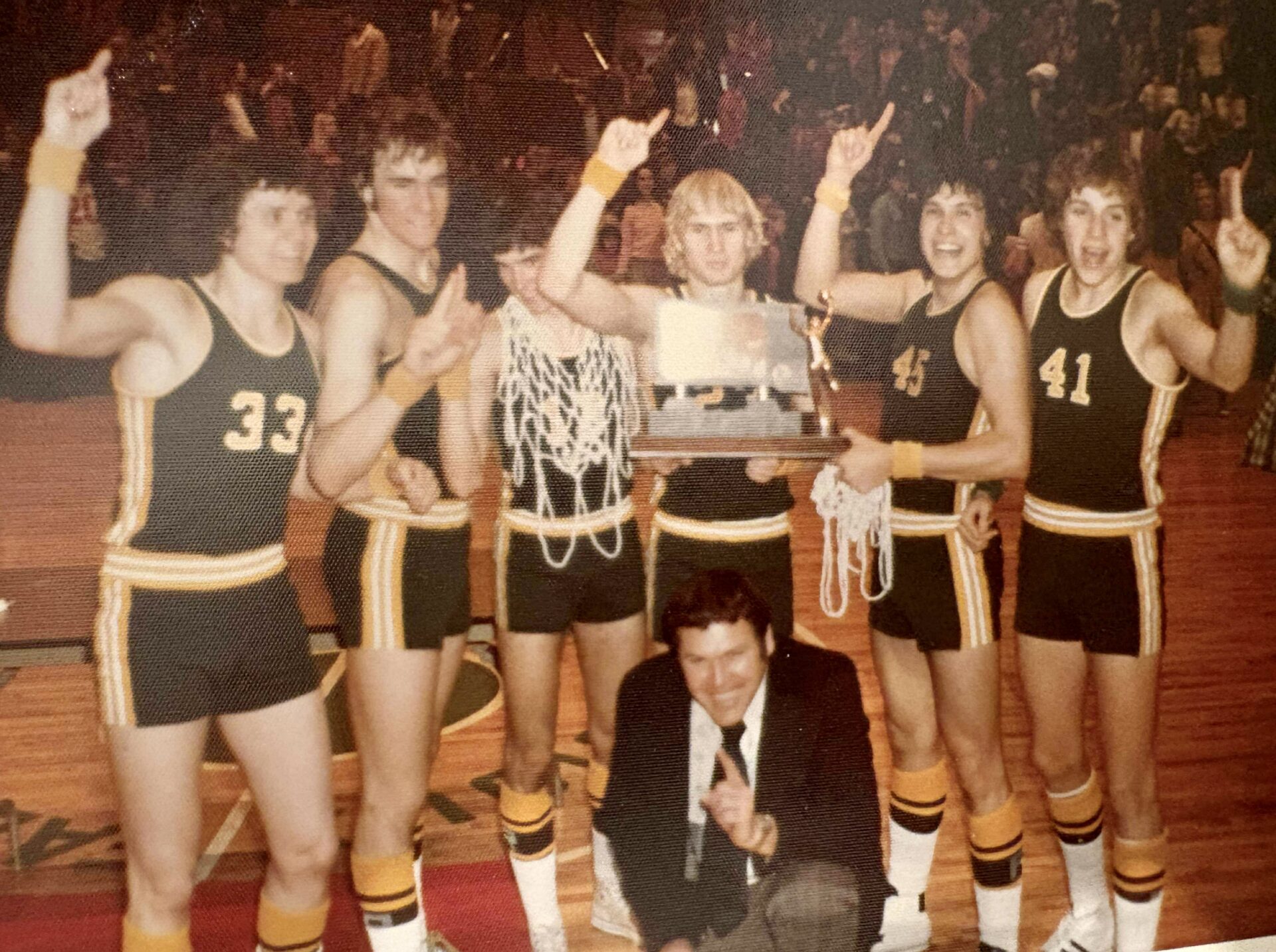 A golden anniversary: Aberdeen Roncalli won school's first state championship in 1975 1 Tom Dix, Kent Clausen, Tim Roby, Cary Hornaman, Harley Zephier and Mark Graeber were members of the Roncalli High School basketball team that, 50 years ago, won the Class A state basketball tournament. In front is head coach Francis Zacher. Courtesy photo.