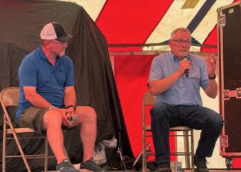 South Dakota Farmers Union President Doug Sombke, left, asked agriculture-related questions of National Farmers Union President Rob Larew on Saturday, Aug. 16 at the Brown County Fair. Aberdeen Insider photo by Elisa Sand.