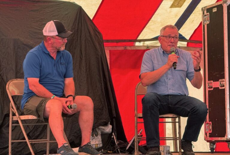 South Dakota Farmers Union President Doug Sombke, left, asked agriculture-related questions of National Farmers Union President Rob Larew on Saturday, Aug. 16 at the Brown County Fair. Aberdeen Insider photo by Elisa Sand.