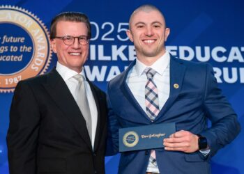 Lowell Milken, chairman and co-founder of the Milken Family Foundation, with Roncalli teacher Dan Gallagher at the Milken Educator Awards Forum earlier this year in Los Angeles. Photo courtesy of Milken Family Foundation.
